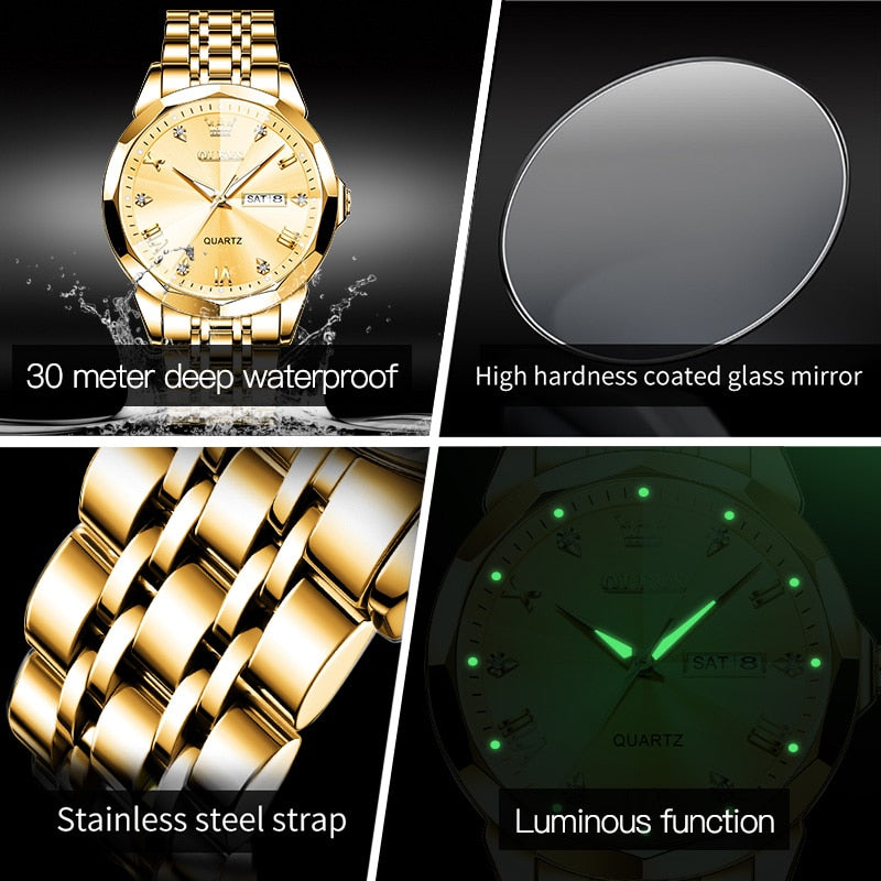 Olevs Men‘s Watches Gold Original Quartz Wristwatch Waterproof