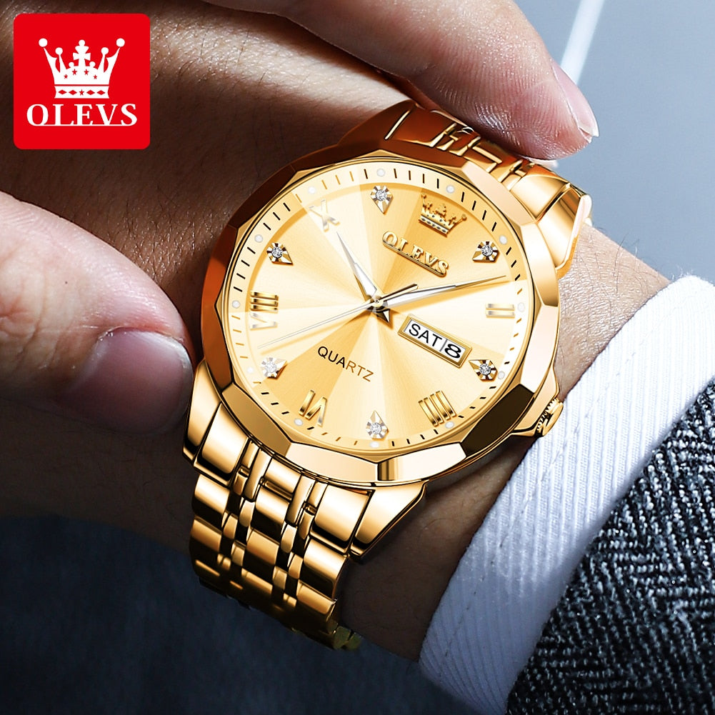 Olevs Men‘s Watches Gold Original Quartz Wristwatch Waterproof