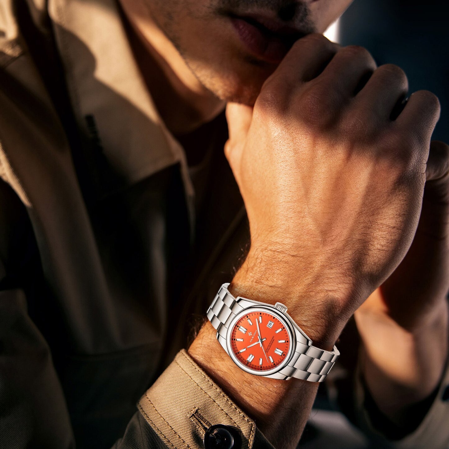 Watch For Men Orange Watch Dial Analog Quartz Wristwatches Aknight