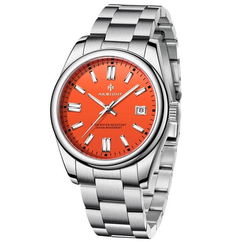 Watch For Men Orange Watch Dial Analog Quartz Wristwatches Aknight