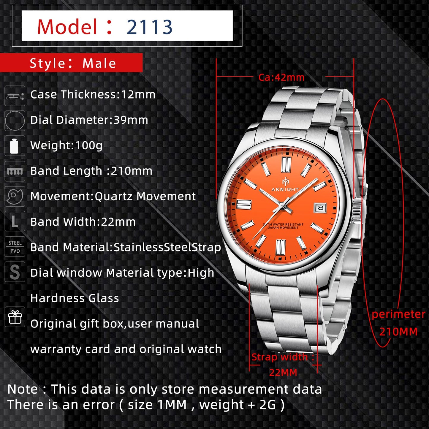 Watch For Men Orange Watch Dial Analog Quartz Wristwatches Aknight