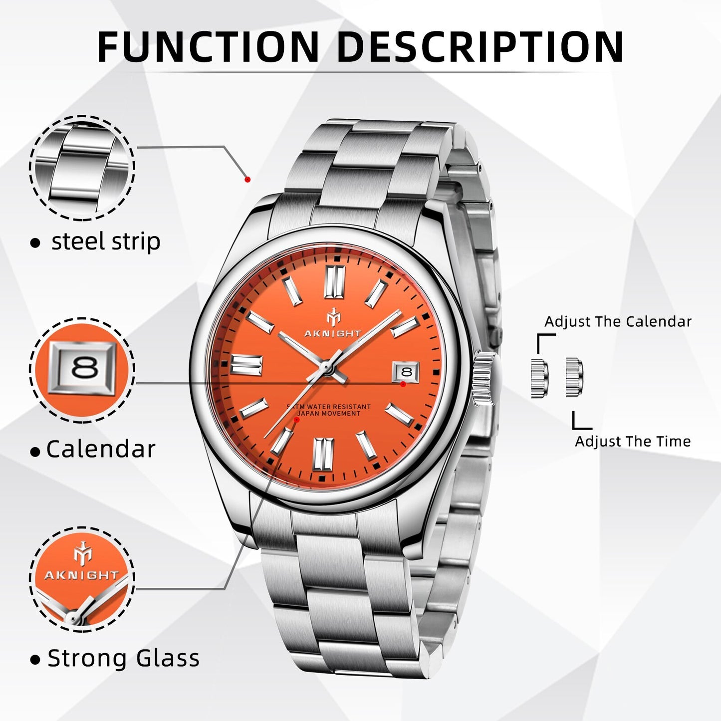 Watch For Men Orange Watch Dial Analog Quartz Wristwatches Aknight
