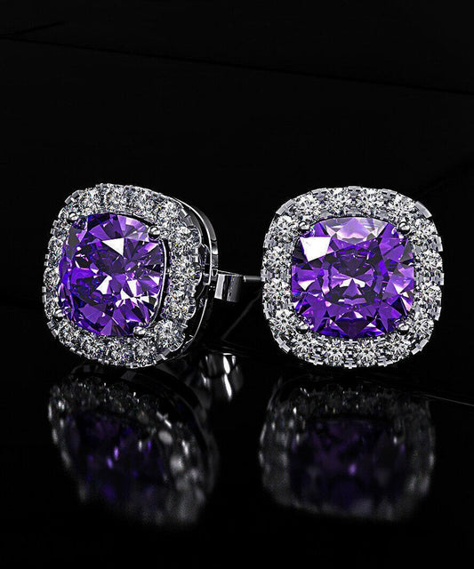 Princess Halo Cut Stud Earring With Austrian Crystals - Purple in 18K