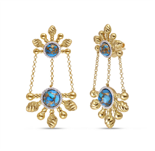 Sunny Cascade Turquoise & Diamond Half Sun Earrings in 14K Yellow Gold