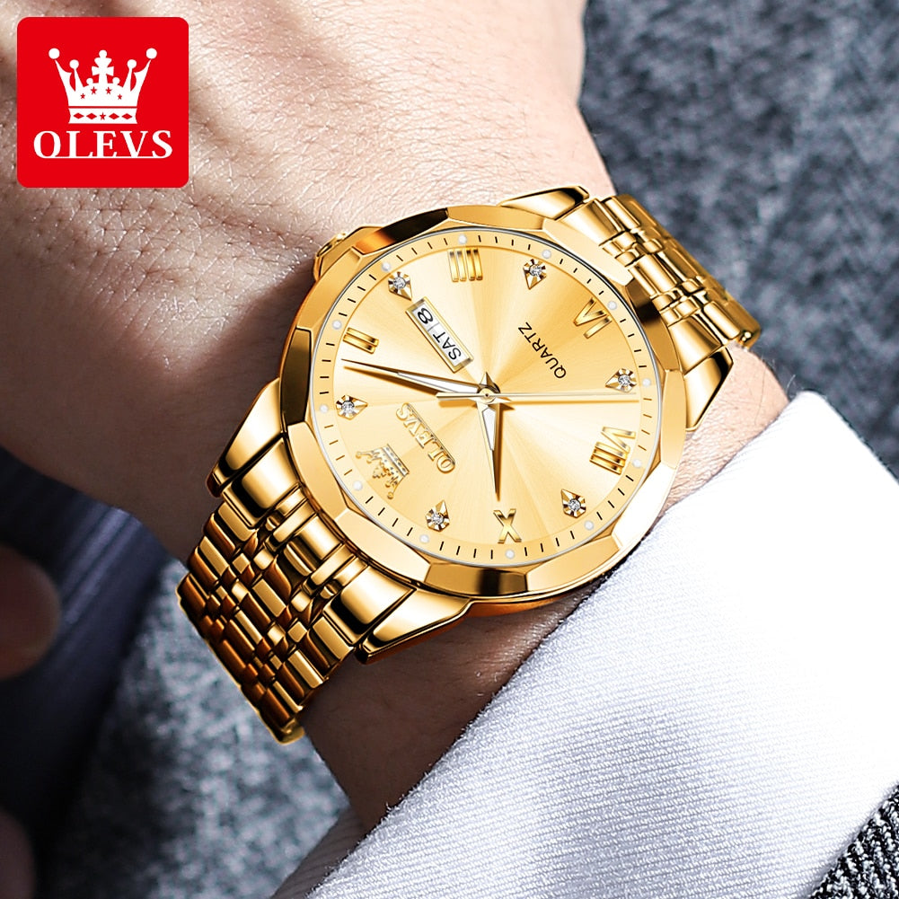 Olevs Men‘s Watches Gold Original Quartz Wristwatch Waterproof