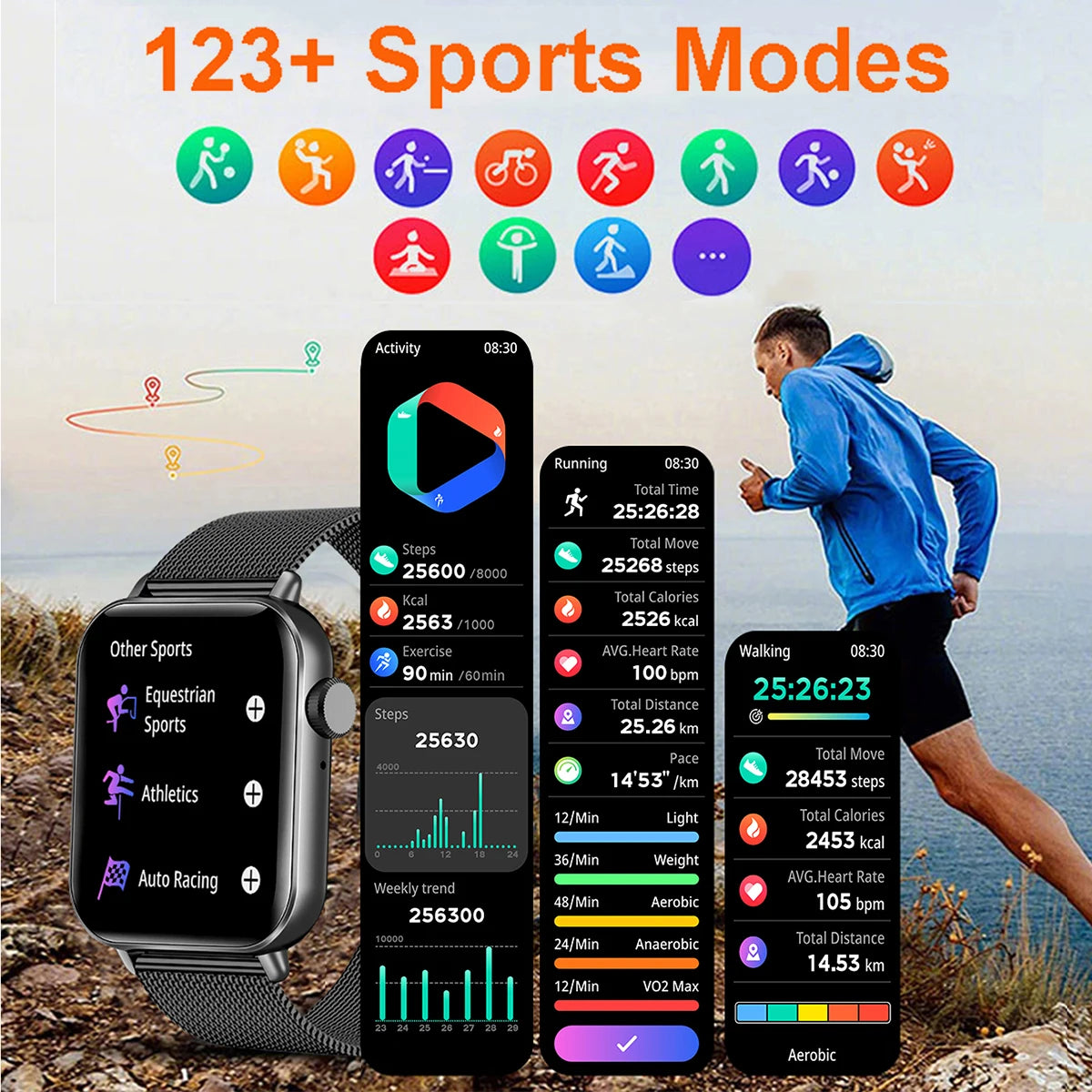 +2pc Straps Smart Watch Women Men Smartwatch Square Sport Smart Clock