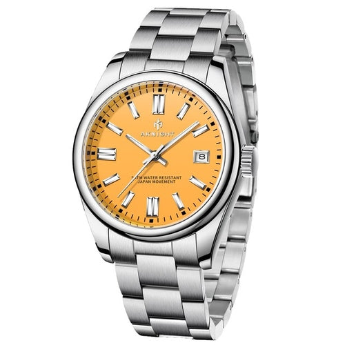 Watch For Men Orange Watch Dial Analog Quartz Wristwatches Aknight