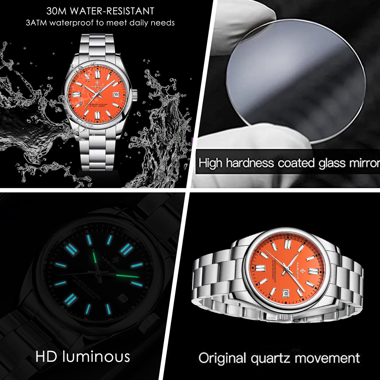Watch For Men Orange Watch Dial Analog Quartz Wristwatches Aknight