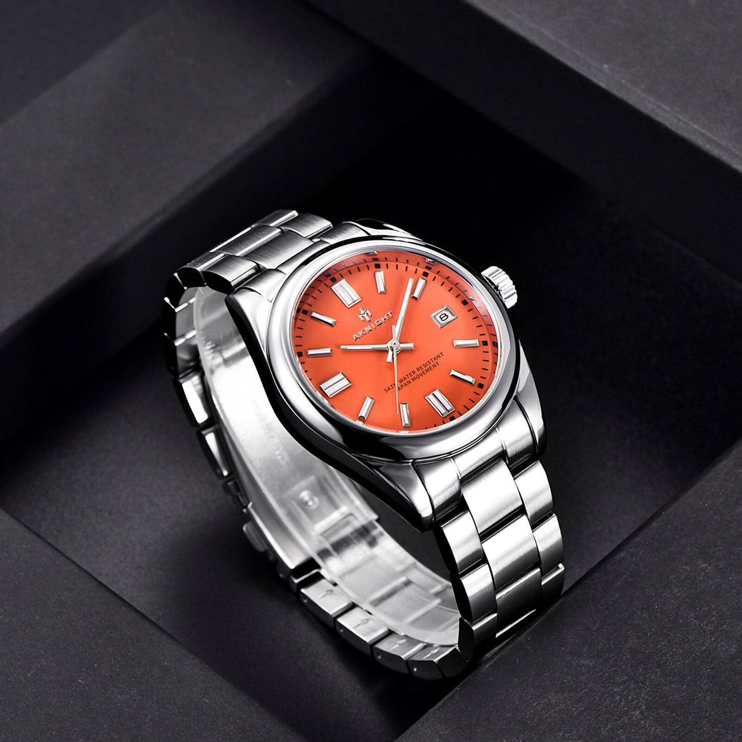 Watch For Men Orange Watch Dial Analog Quartz Wristwatches Aknight