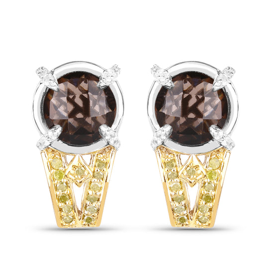 3.75 Carat Genuine Smoky Quartz, Yellow Diamond and White Diamond .925