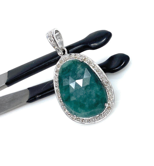 Emerald Diamond Pendant, Natural Emerald Sterling Silver Pendant, May